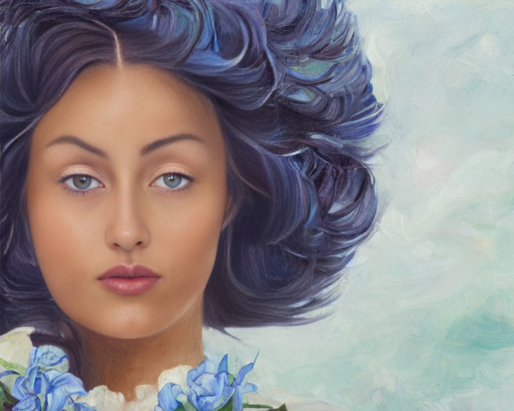 Woman with voluminous blue hair and floral dress in artistic rendering