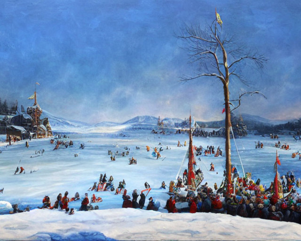 Frozen River with Ice Skating People in Winter Scene