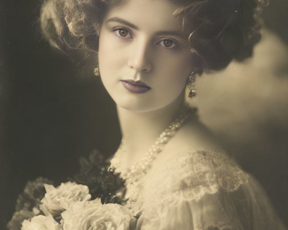 Vintage Portrait of Young Woman with Elegant Hairstyle and Floral Headpiece