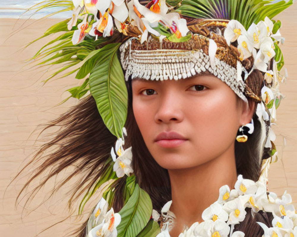 Tropical headdress with white flowers and leaves on beach background