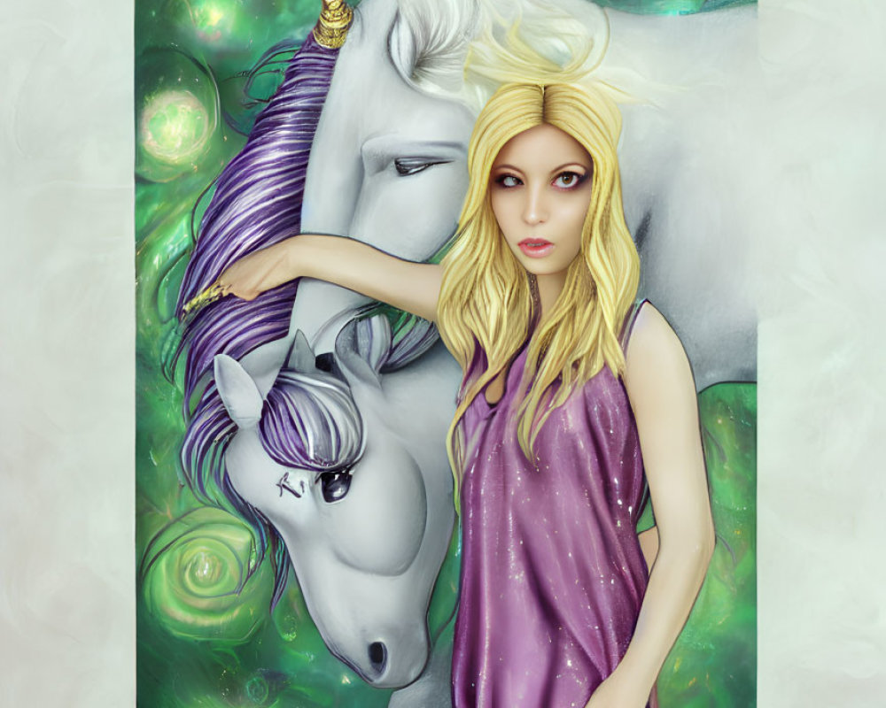 Blonde woman in purple dress with white unicorn on mystical green swirl background