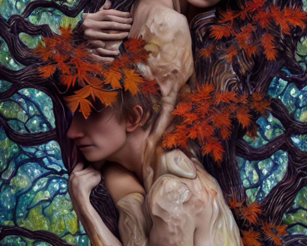 Stylized artwork of two people with tree and vibrant leaves