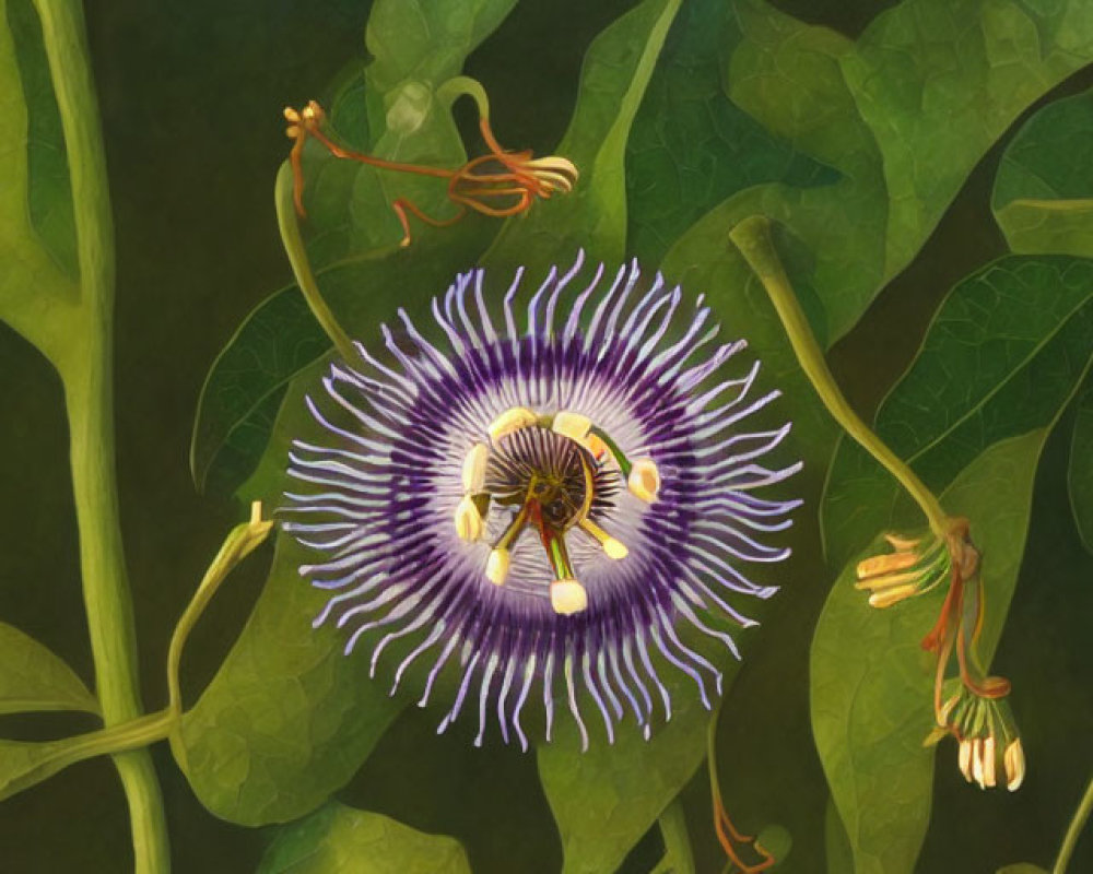 Detailed Purple and White Passion Flower Illustration with Stamens and Leaves