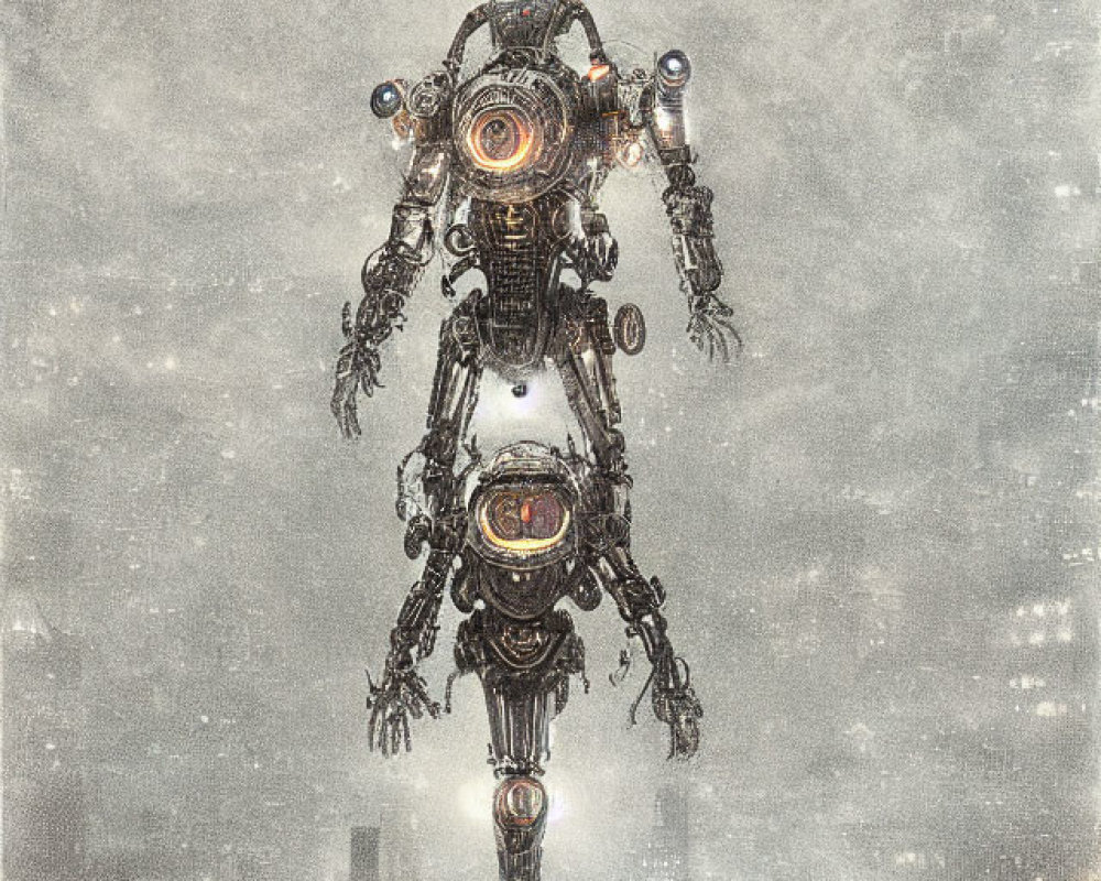 Intricate towering robot in foggy cityscape