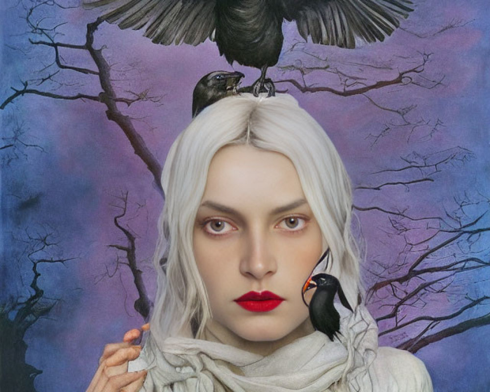 Pale woman with white hair and red lips surrounded by crows and barren trees.