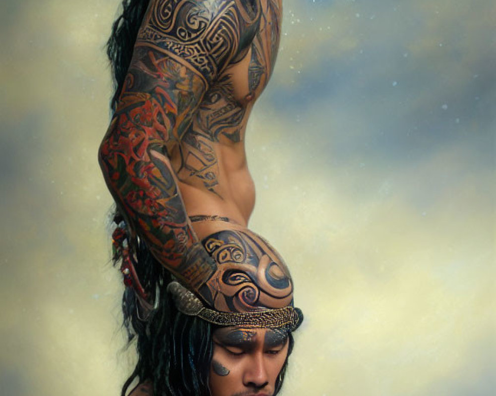 Traditional Polynesian tattooed man with weapon and headpiece in cosmic setting