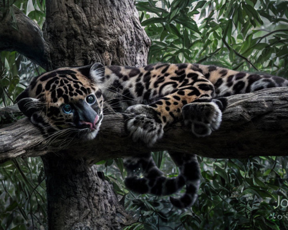 Clouded leopard resting on tree branch in dense forest with piercing blue eyes