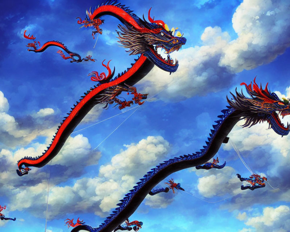 Two Vibrant Red and Black Dragons Soaring in Blue Sky