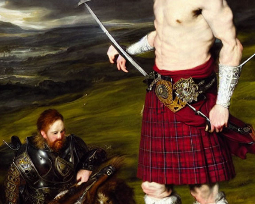 Red-Haired Man in Kilt with Sword in Dramatic Landscape