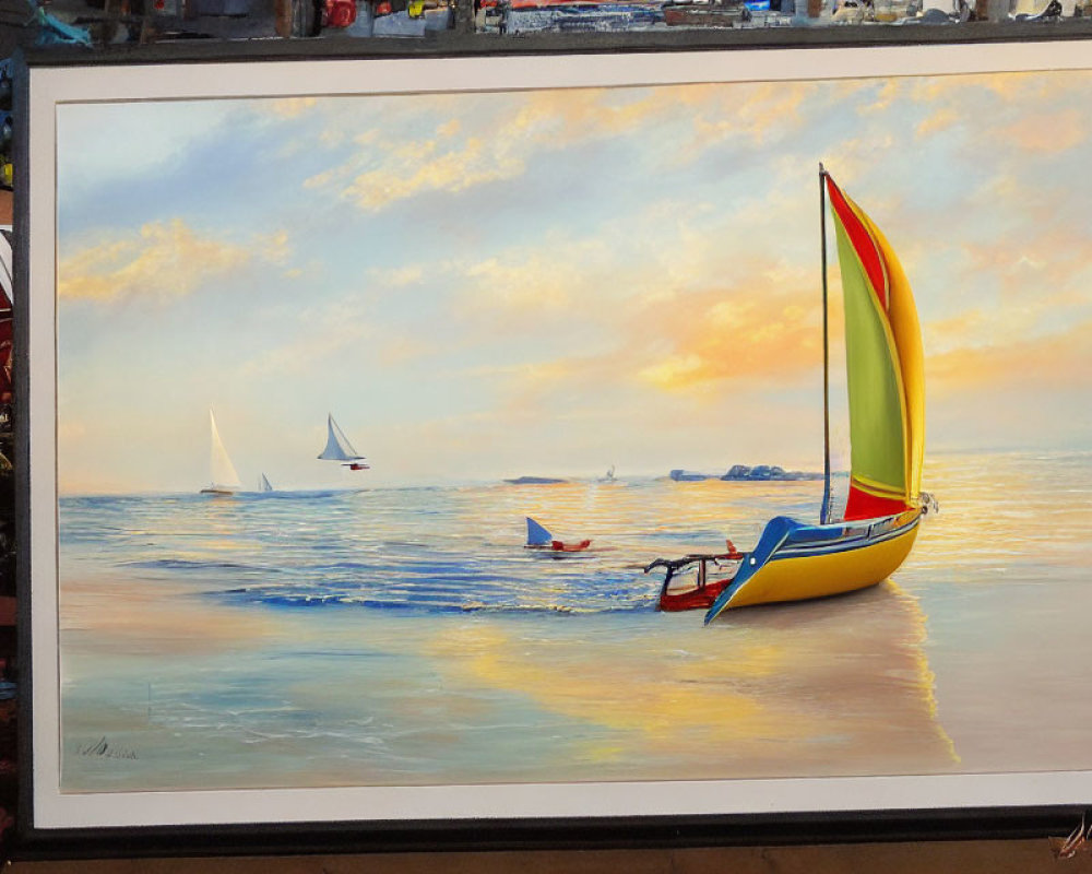 Colorful Sailboat Painting on Calm Waters with Distant Sails: Serene Maritime Scene at