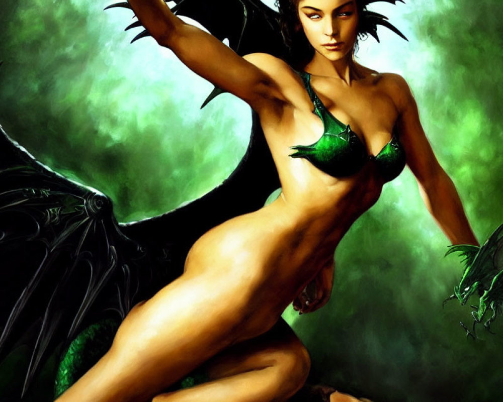 Fantasy Artwork: Female Figure with Dragon Wings and Armor on Dark Green Background