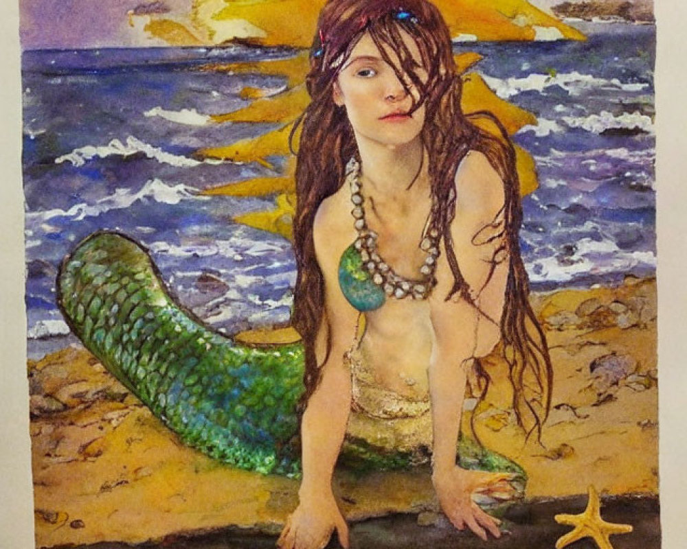 Mermaid painting with green tail on beach, yellow sky, brown hair, pearl necklaces