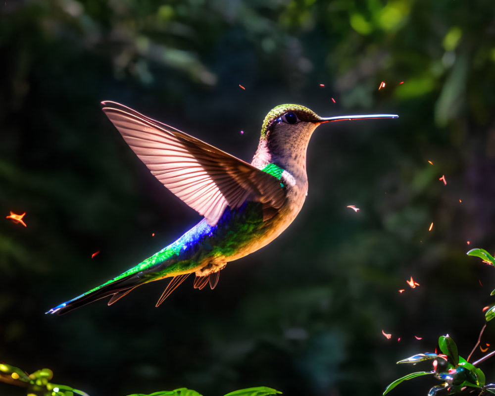 Iridescent hummingbird mid-flight with orange leaves in dark forest.