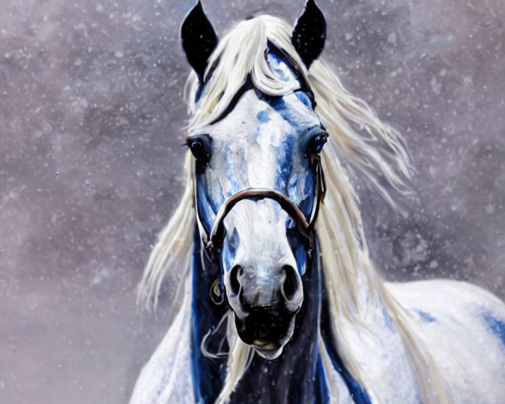 White Horse with Flowing Mane and Blue Eyes on Grey Background