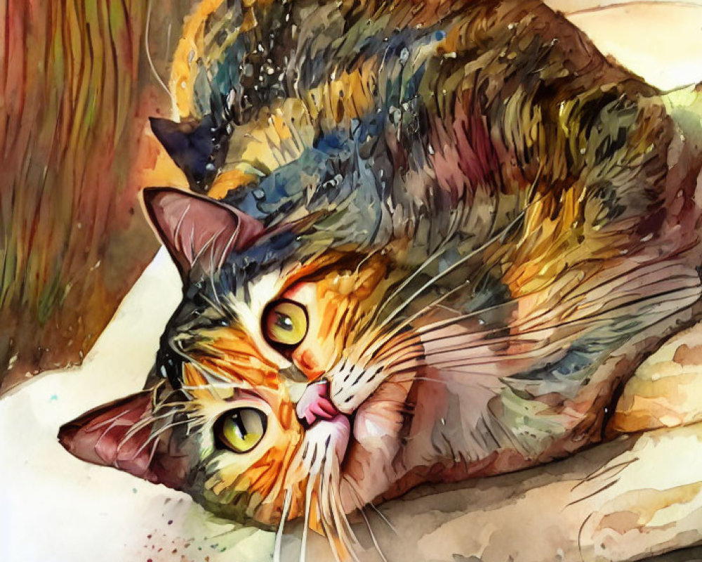 Vibrant watercolor painting of curled-up cat with amber eyes