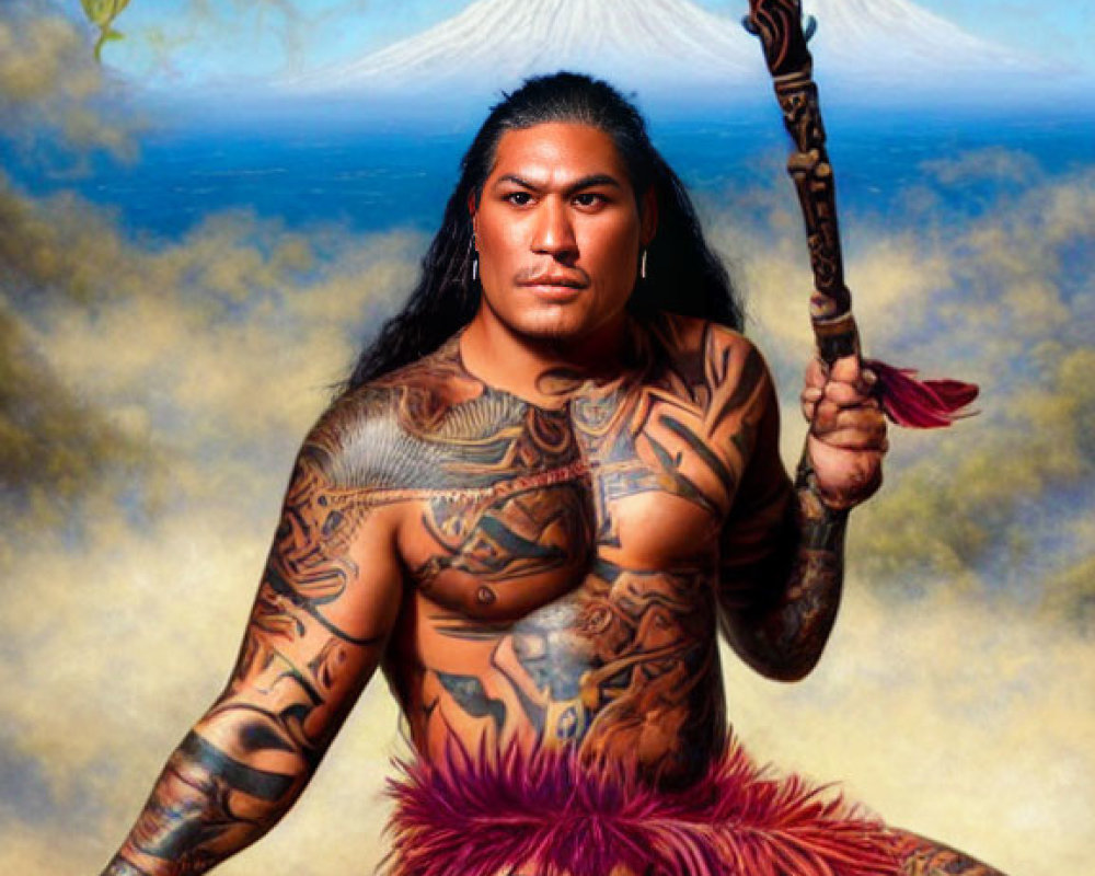 Traditional Polynesian tattooed person with spear, volcano, and dragons.