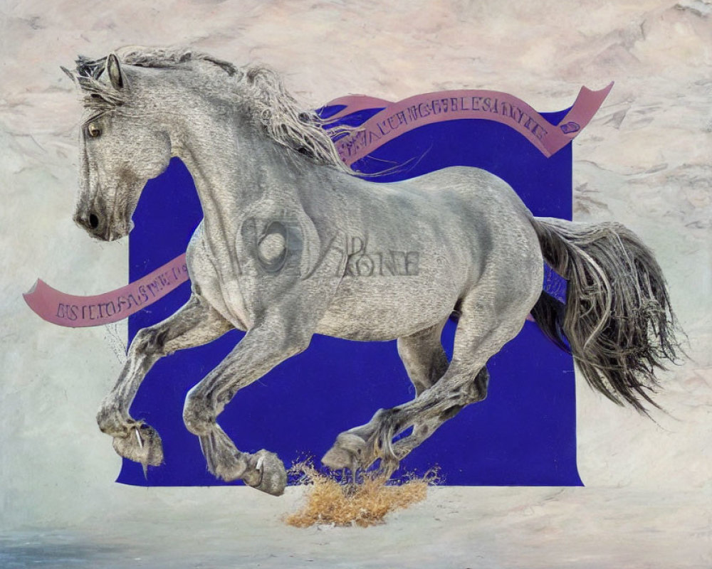 Gray horse mid-gallop in digital collage with flowing mane on marbled blue background