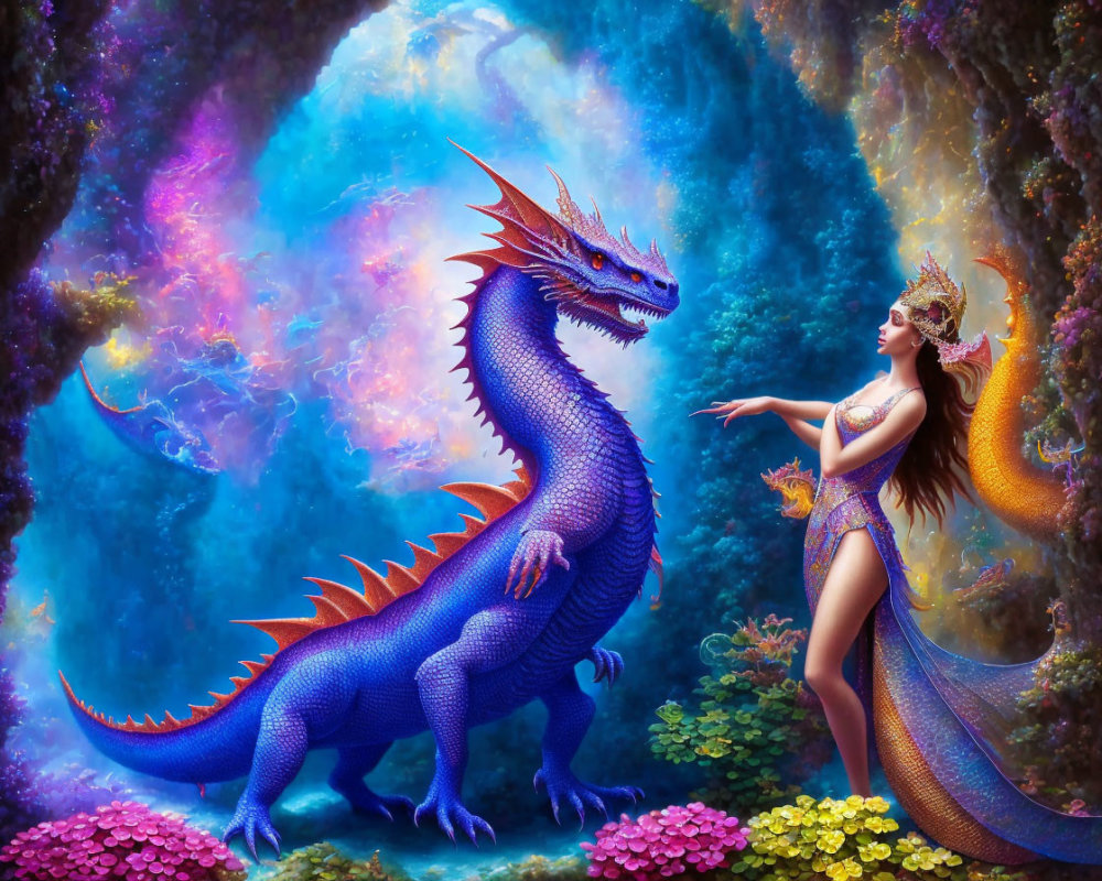 Vibrant blue dragon and woman in colorful attire in floral cave