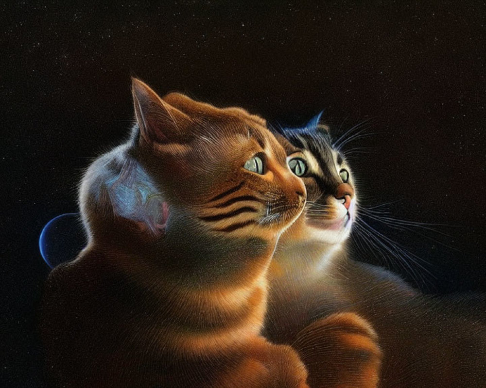 Two Cats Staring at Stars and Planet in Dark Background