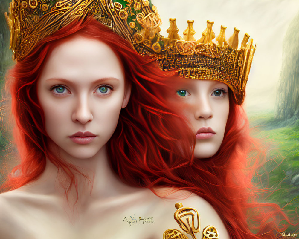 Digital artwork: Two women with red hair and golden crowns in soft-focus natural backdrop