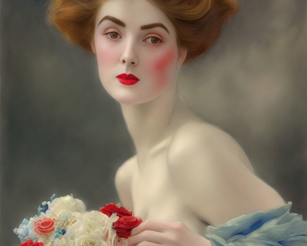 Portrait of Woman with Voluminous Reddish Hair and Bouquet of Roses