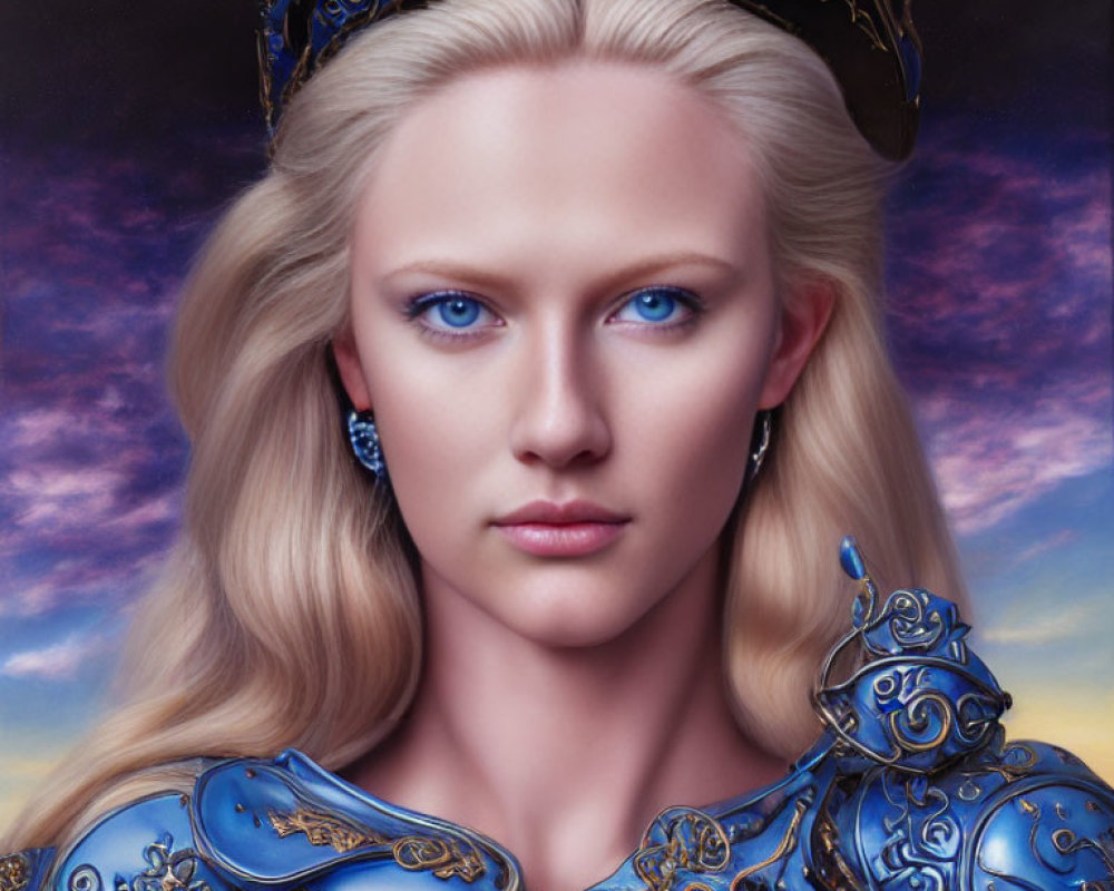 Fantasy artwork of woman in regal blue and gold armor with blue eyes and blonde hair