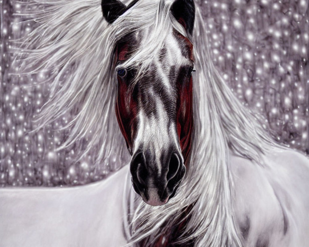 Black and White Horse with Flowing Mane on Starry Night Background