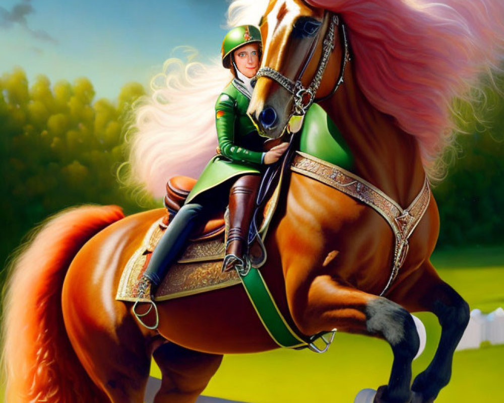 Stylized painting of person in green riding attire on majestic chestnut horse leaping over white fence