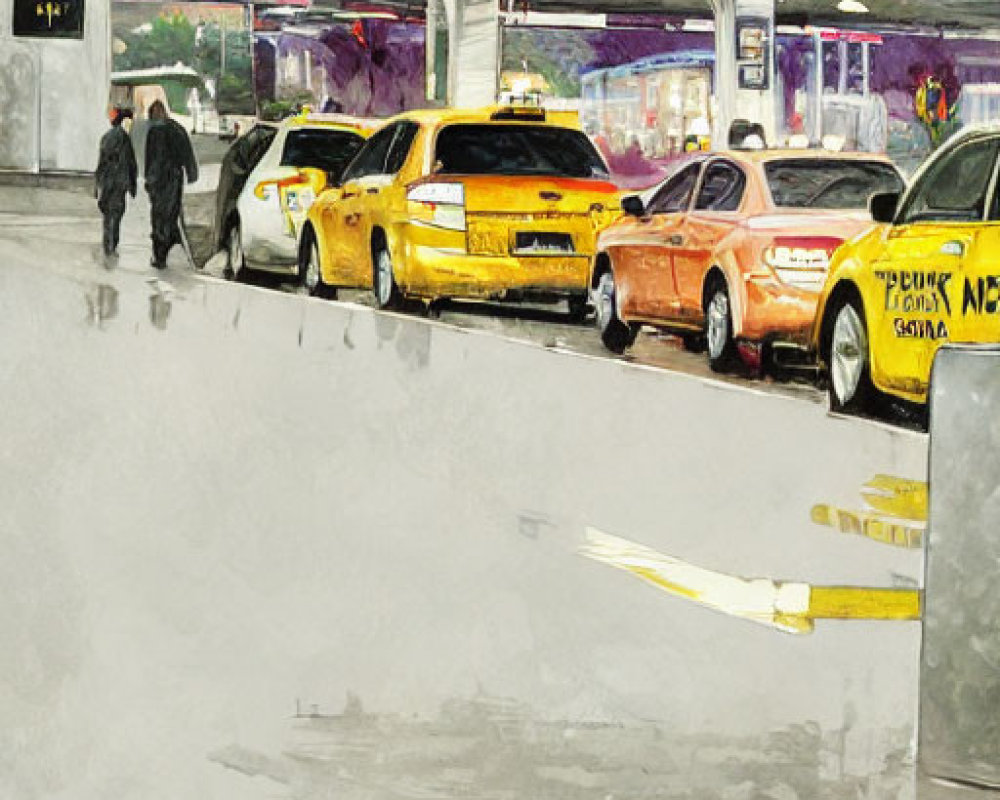 Illustration of a busy indoor taxi stand with people and yellow cabs