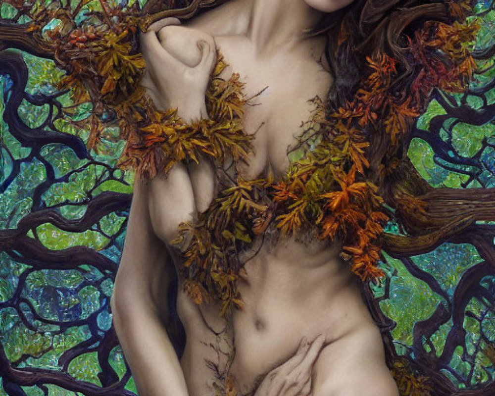 Mystical female figure intertwined with tree branches and leaves