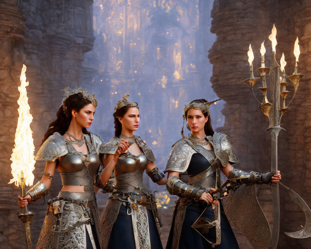 Three women in medieval armor and crowns with symbolic items before a castle.