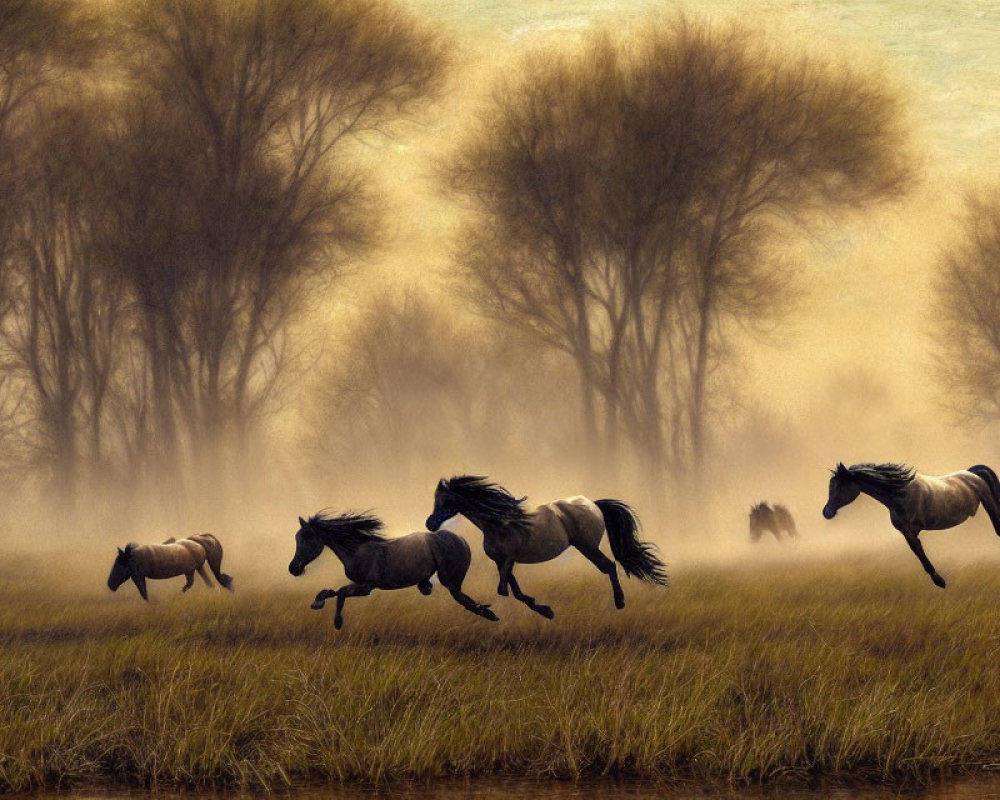 Herd of horses galloping in misty meadow with silhouetted trees