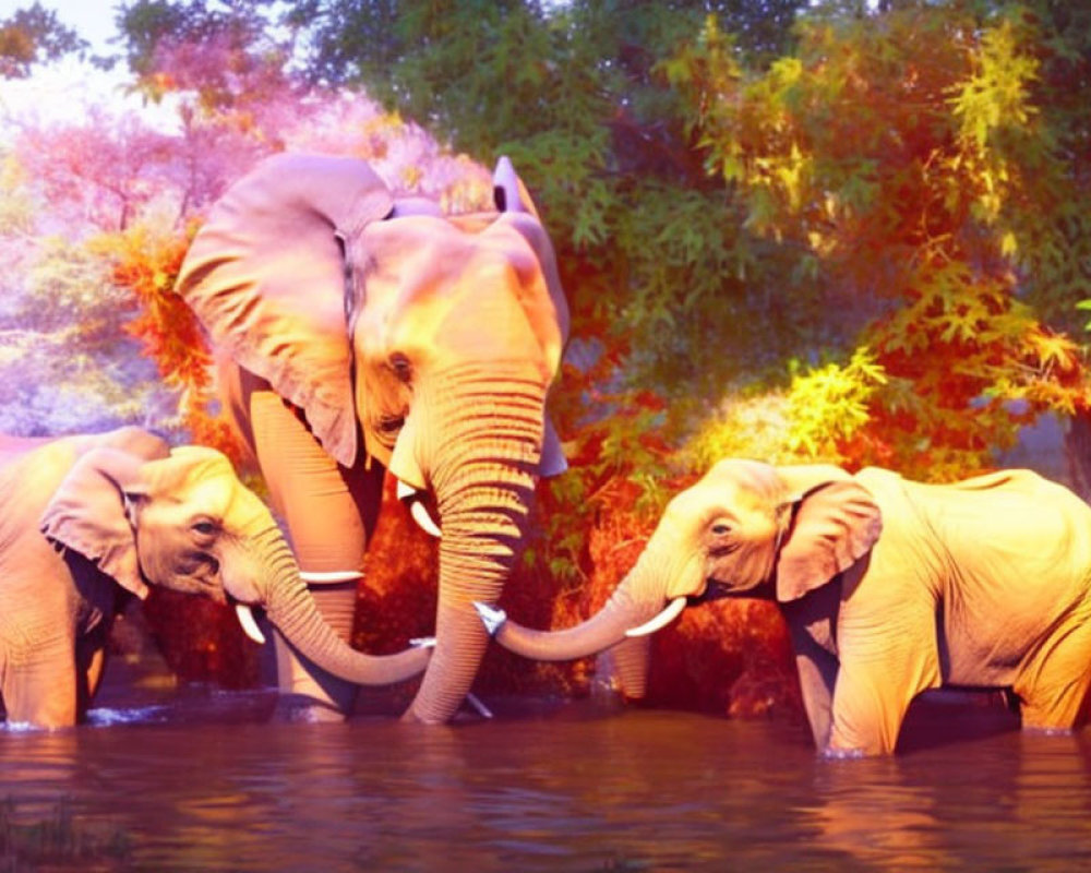 Three elephants at a lush watering hole with sunlight filtering through trees