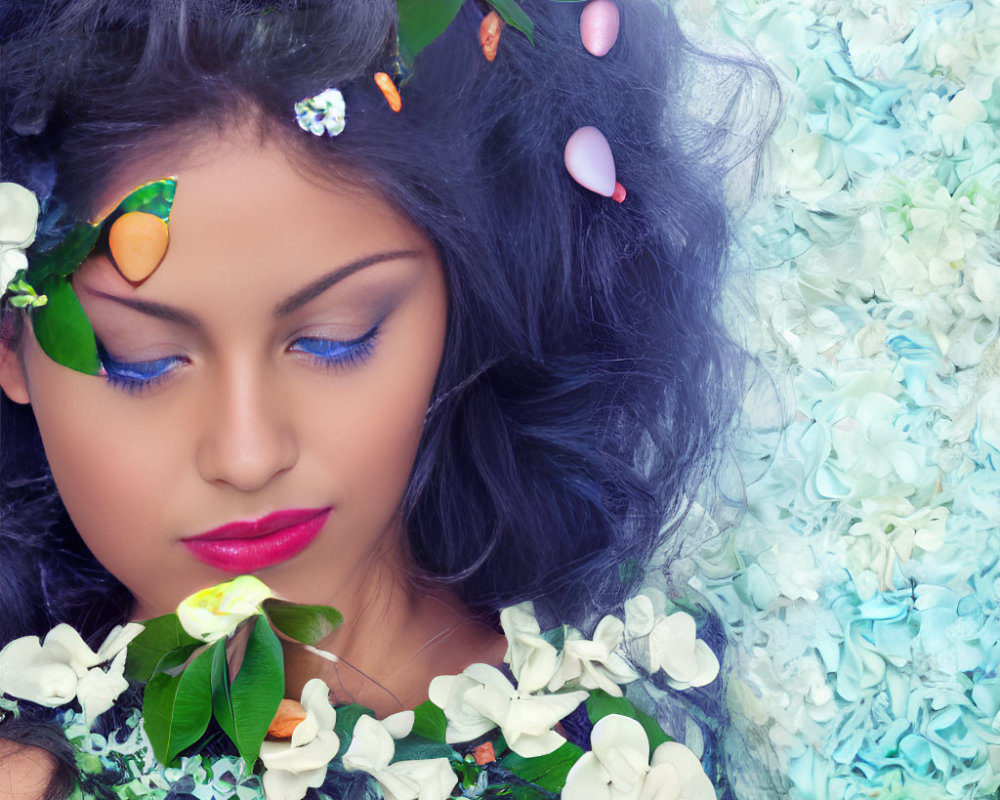 Woman with floral hair adornments and bright makeup in front of pale blue hydrangeas.