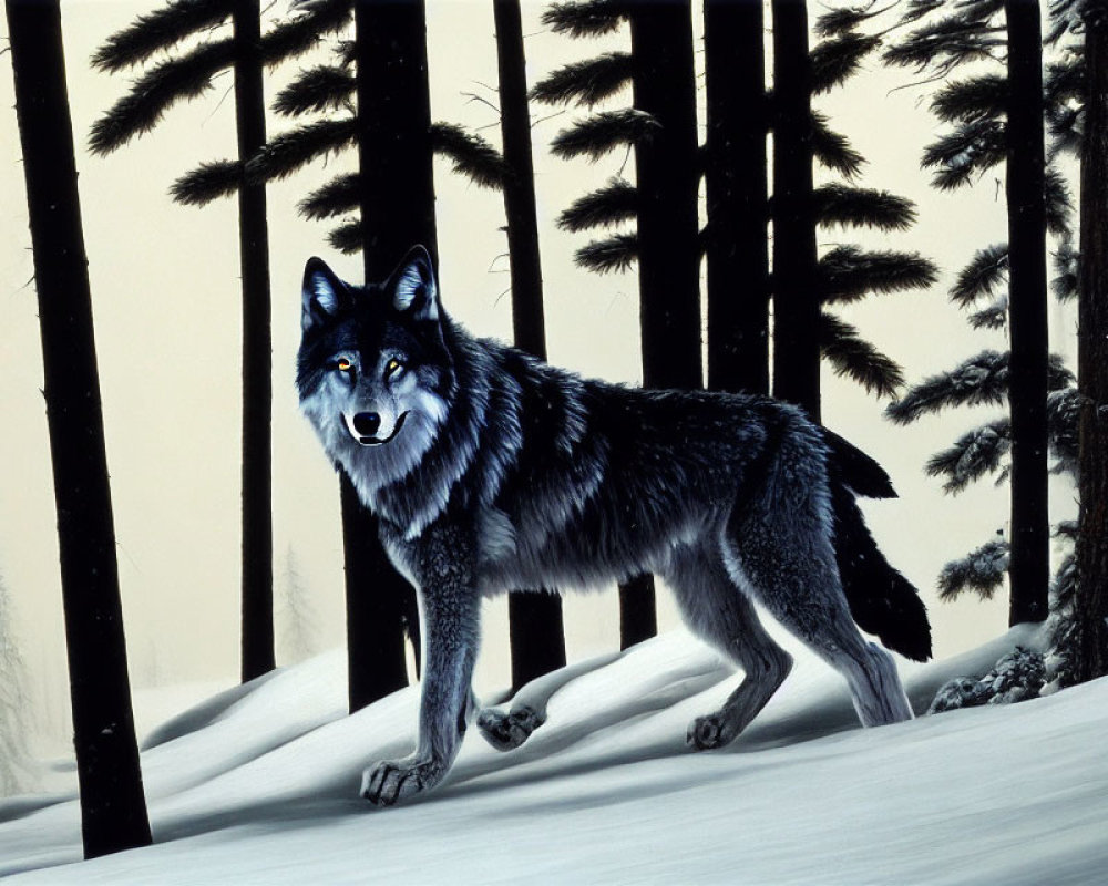 Black and Gray Wolf in Snowy Forest with Tall Evergreens