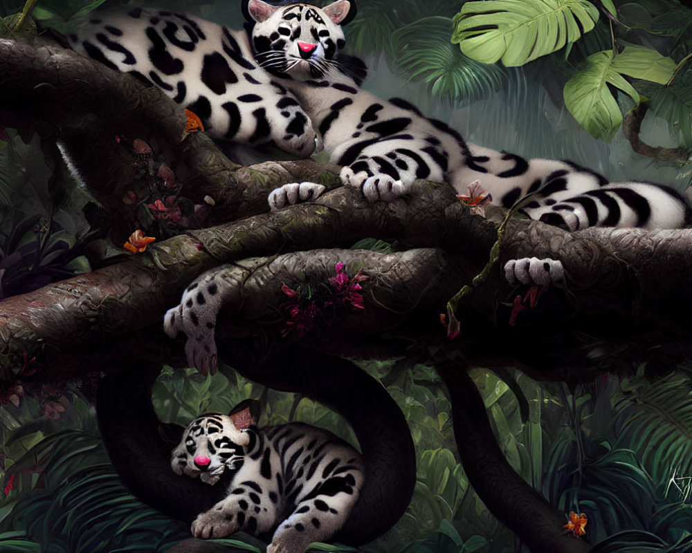 Digital artwork featuring two clouded leopards in lush jungle setting