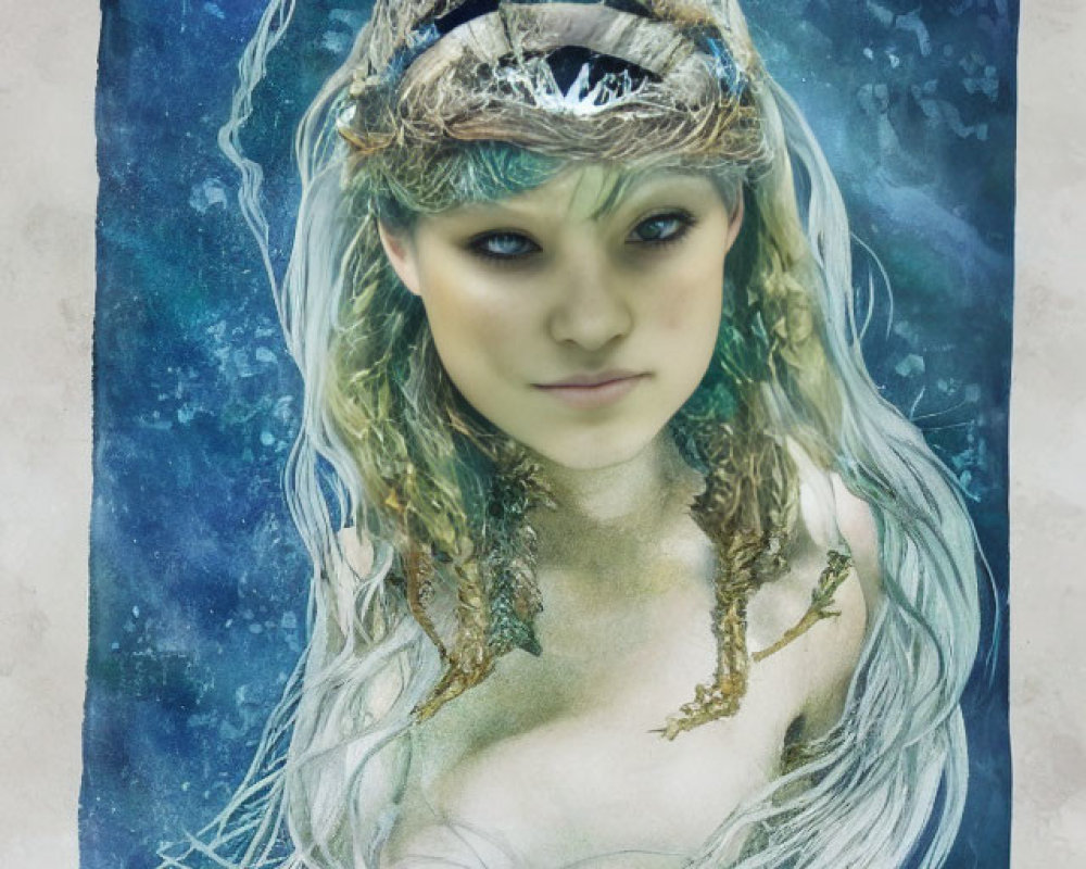 Portrait of a Woman with Blue Eyes and Crown in Celestial Aura