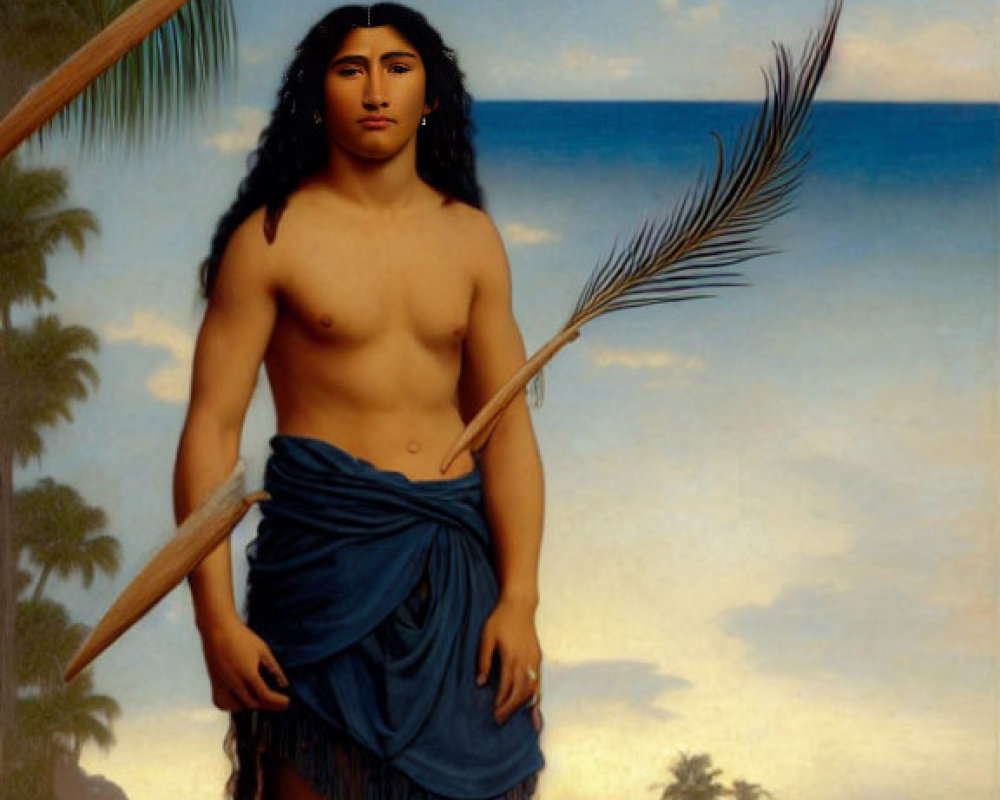 Polynesian man painting: standing with spear on beach