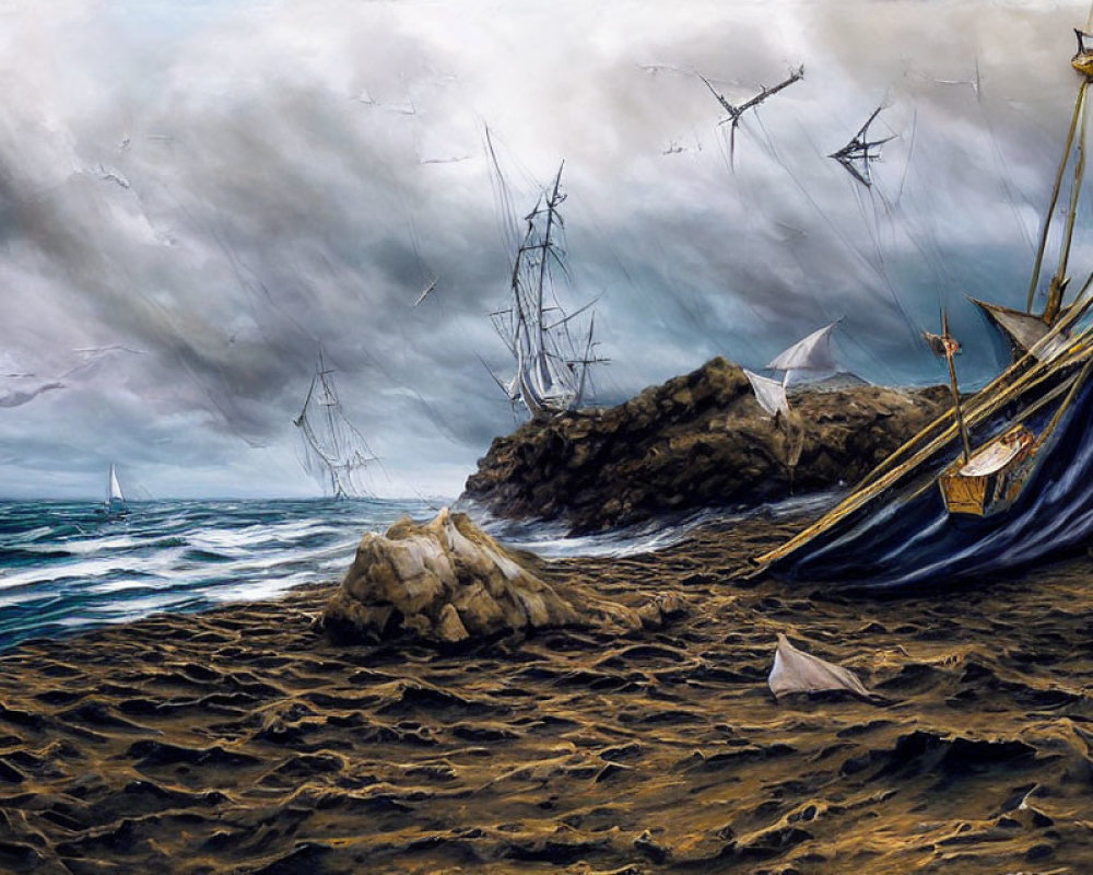 Stormy Beach Shipwrecks: Dramatic Maritime Scene