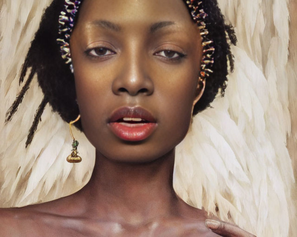 Portrait of woman with headband, feathered backdrop, earrings, and colorful necklace.