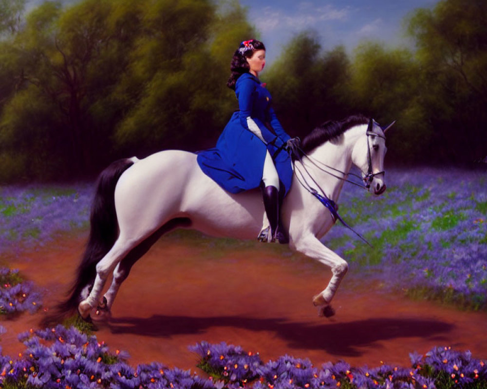 Woman in blue dress riding white horse in field of purple flowers