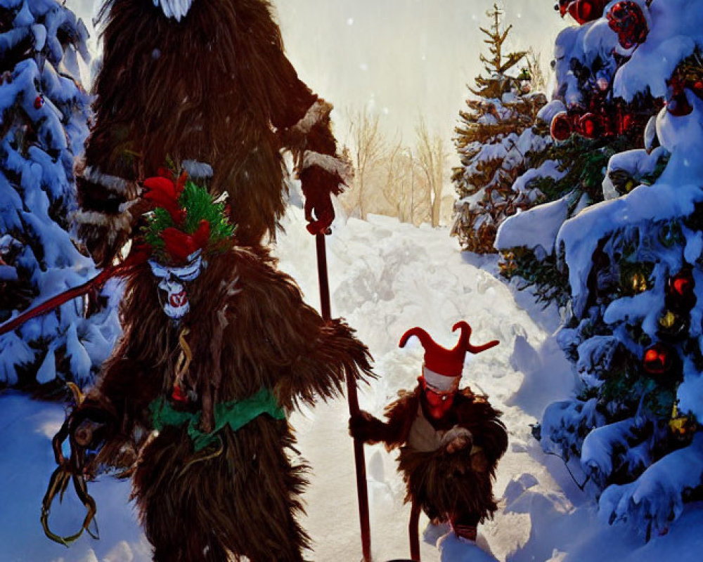 Two Krampus Figures in Snowy Landscape with Decorated Trees