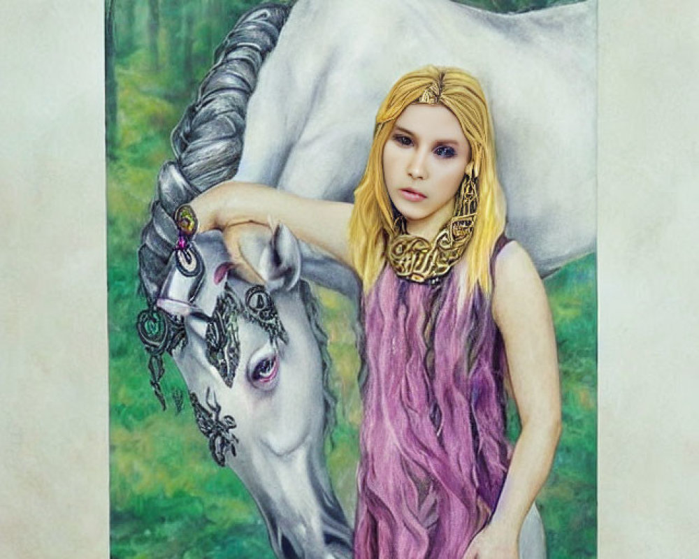 Blonde woman in purple dress merges with white unicorn on green background