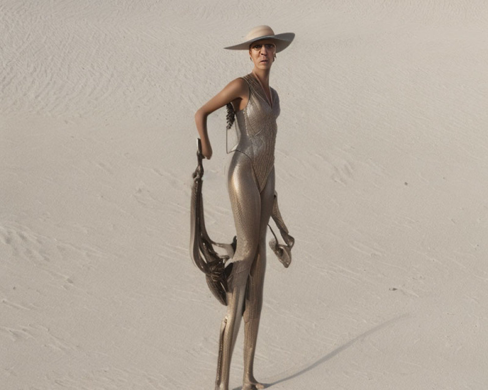 Woman in gold bodysuit and hat in desert with dark fabric