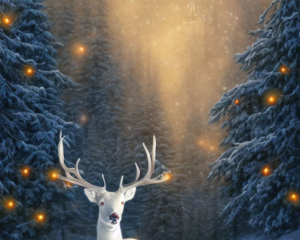 Majestic white stag with glowing antlers in snowy forest