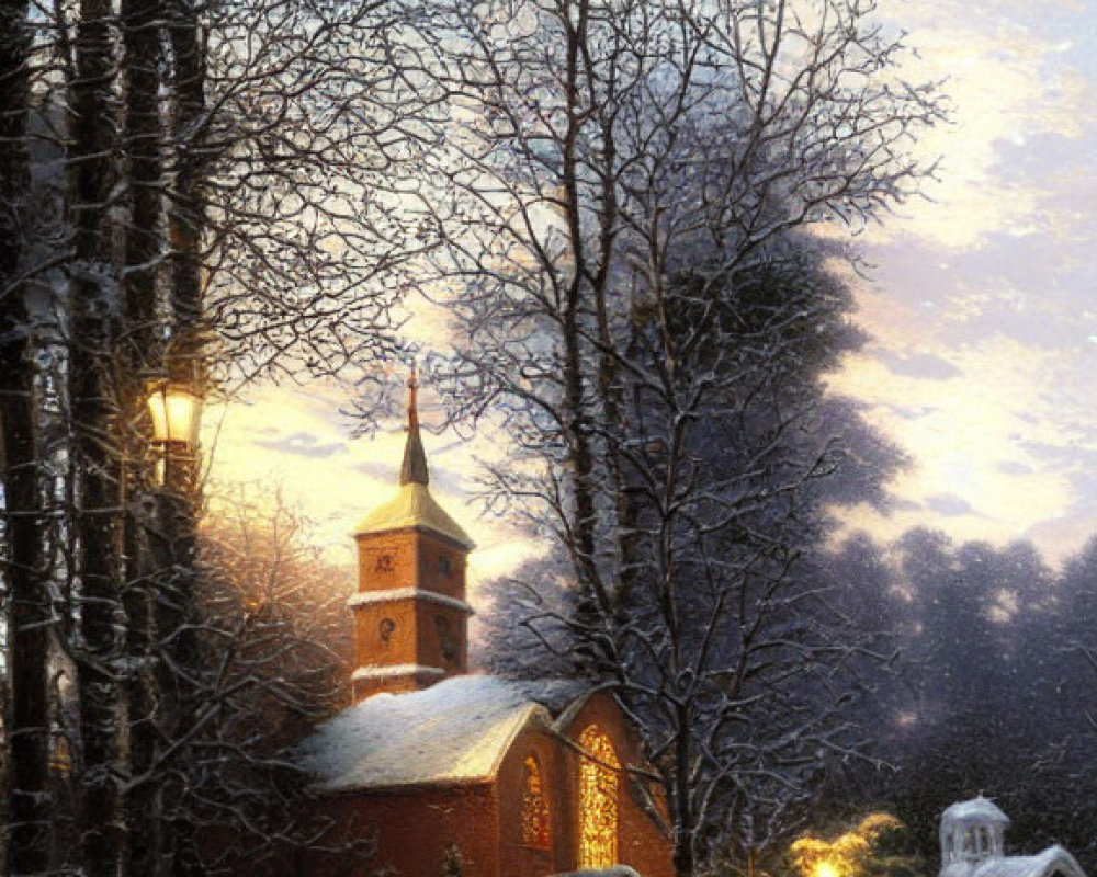 Snow-covered church and trees in winter dusk snowfall