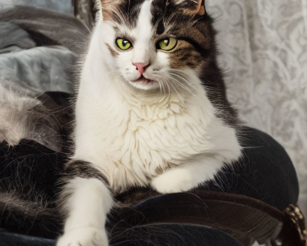 Black and white cat on elegant armchair exuding confidence