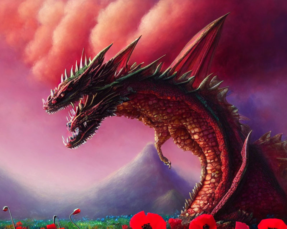 Red and Green Dragon in Field of Red Flowers under Stormy Purple Sky