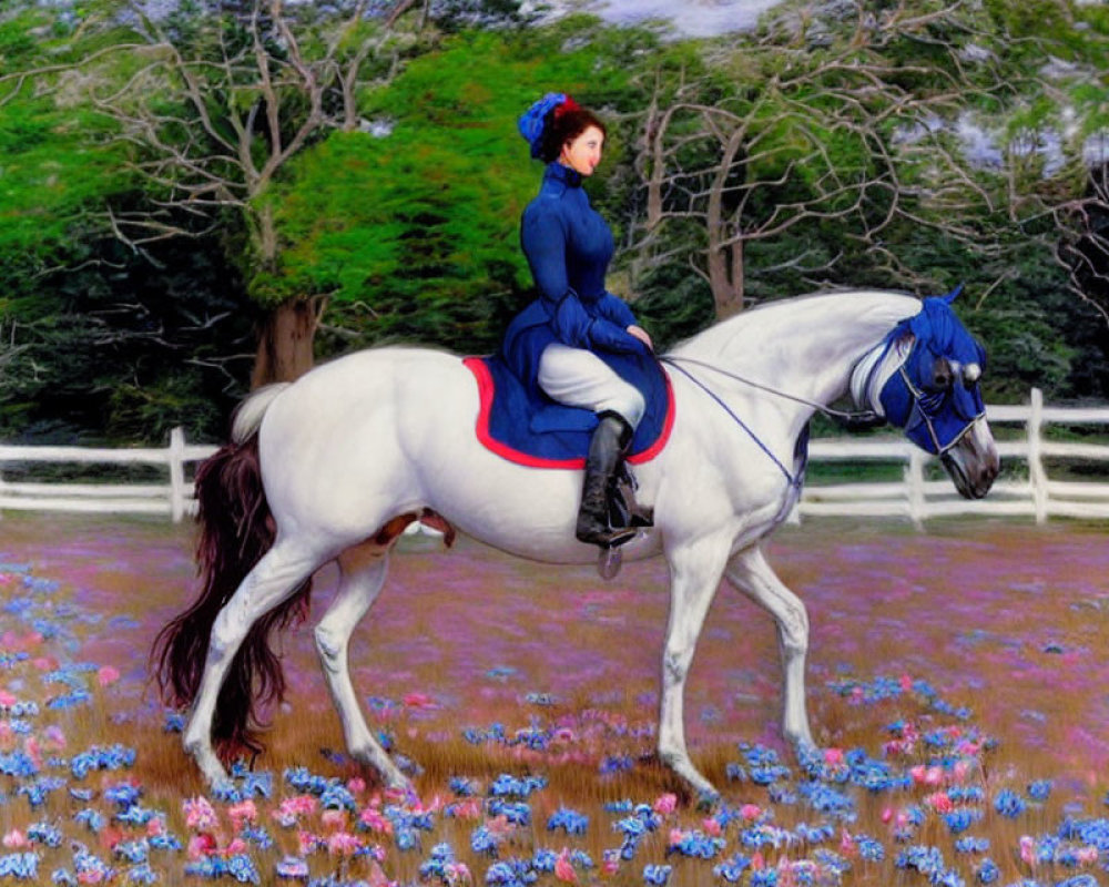 Woman in Blue Dress Riding White Horse in Field of Purple Flowers