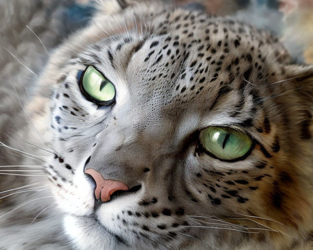 Snow leopard with green eyes and spotted fur in close-up view.